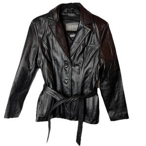 Y2k Wilsons Leather Cropped Moto Jacket Woman Sm Black Belted Button Vtg 90s